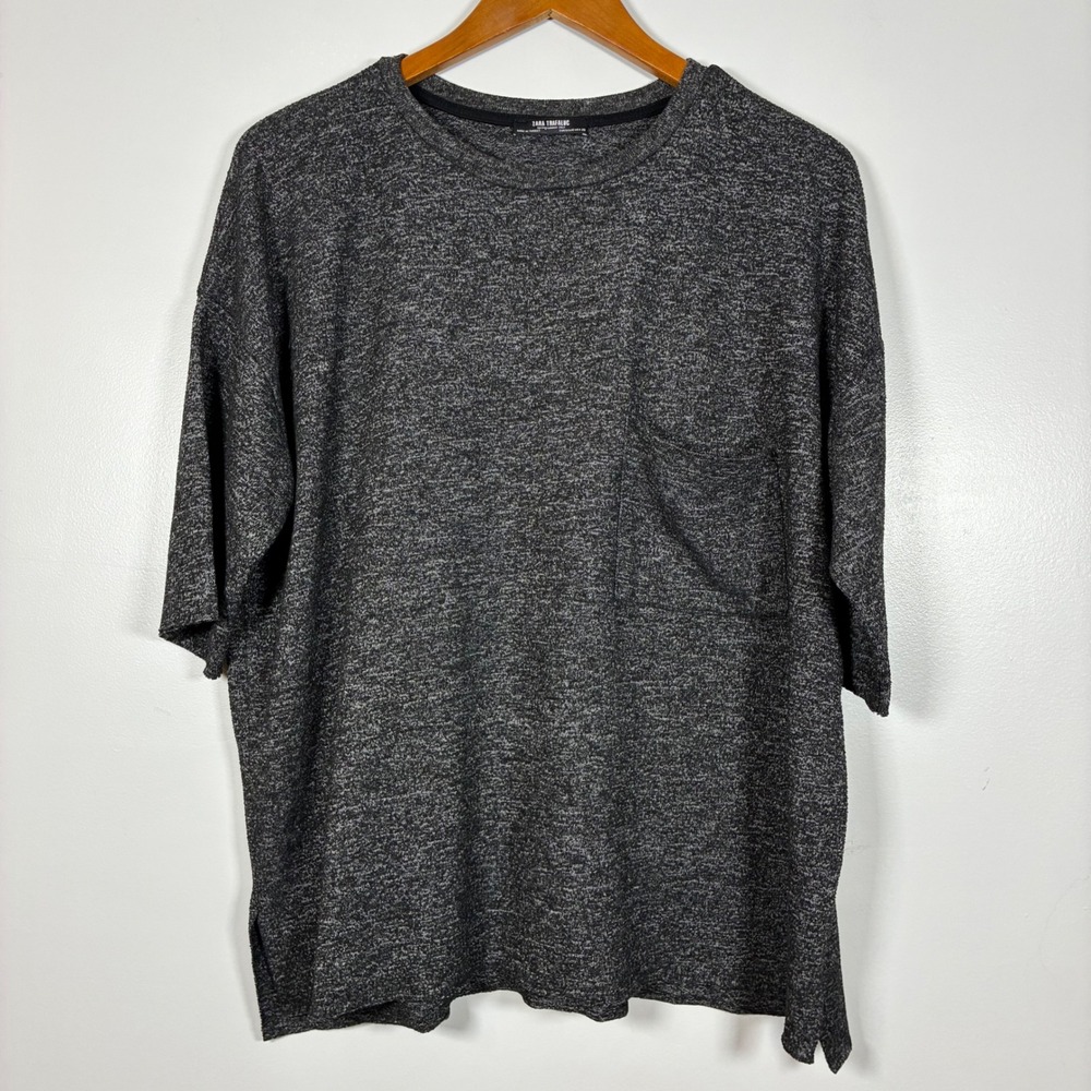 Zara Trafaluc Pocket Top M Grey Marl Dropped Shoulder Tee Oversized Scandi layer